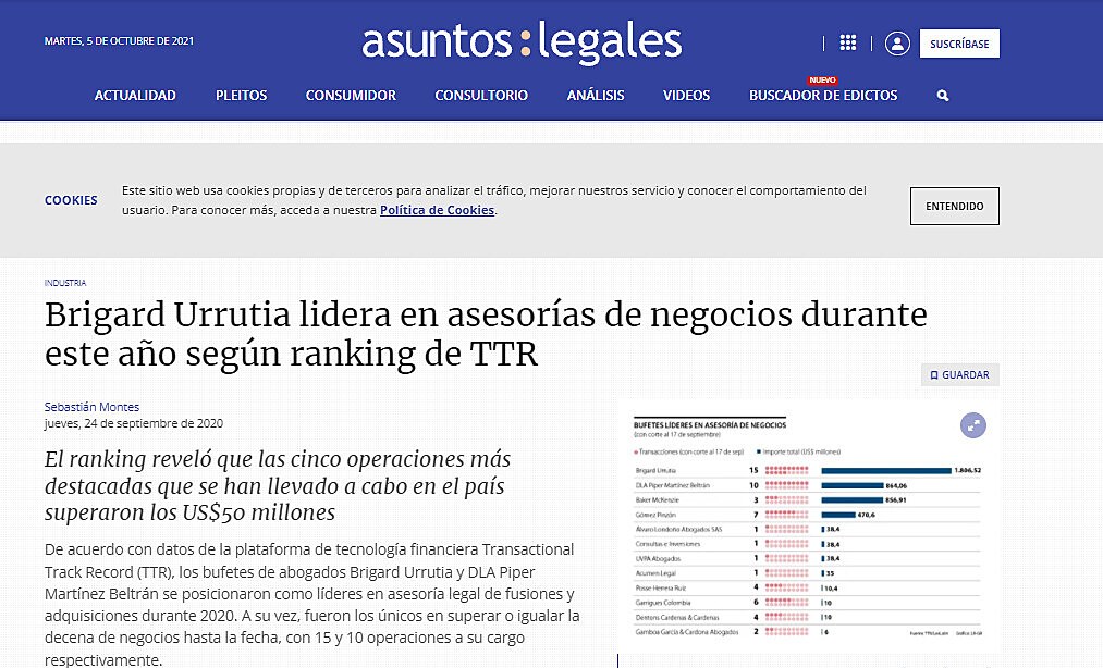 Brigard Urrutia lidera en asesoras de negocios durante este ao segn ranking de TTR